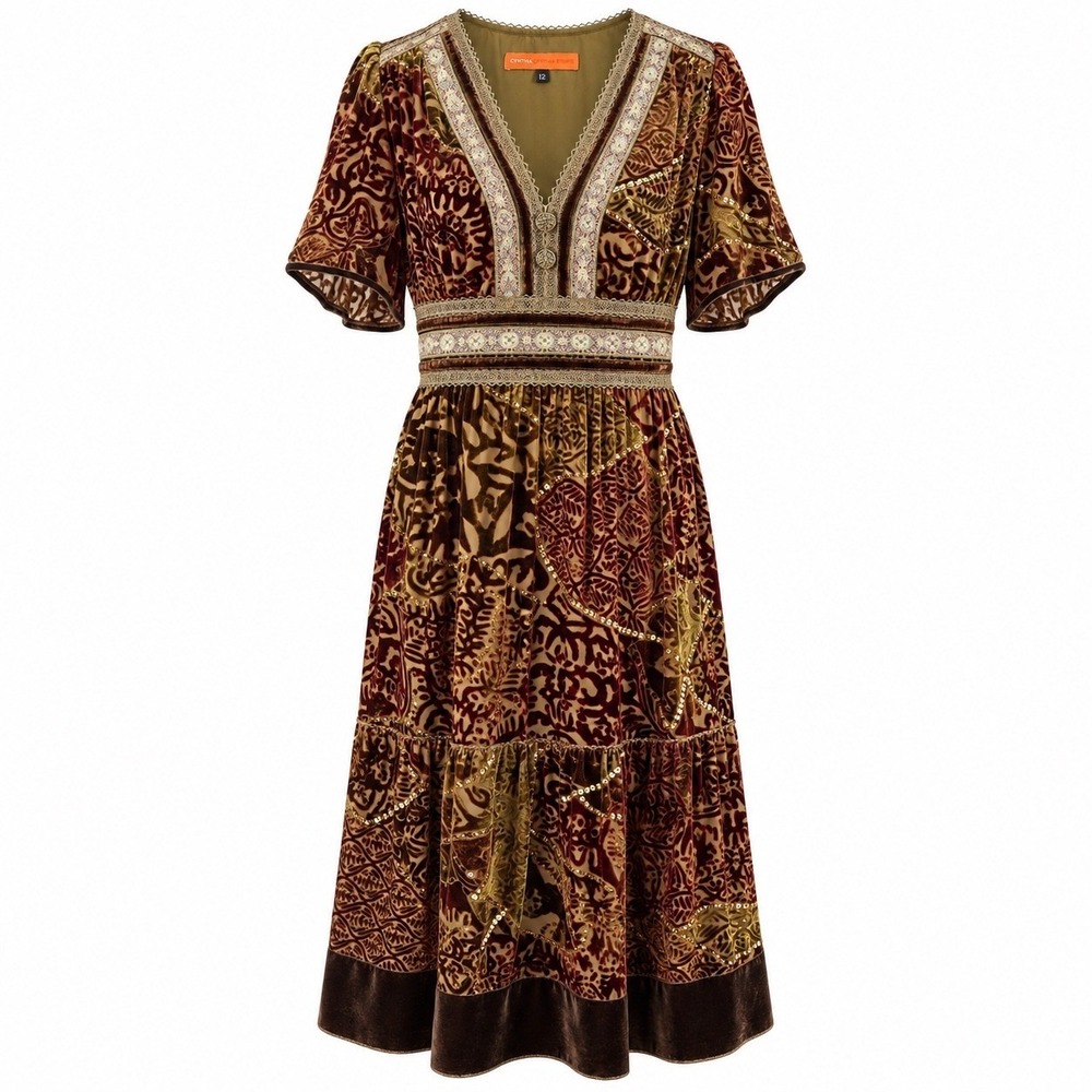 Vintage Cynthia Steffe Silk Velvet Burnout Midi Dress Whimsigoth Fairy Grunge 12